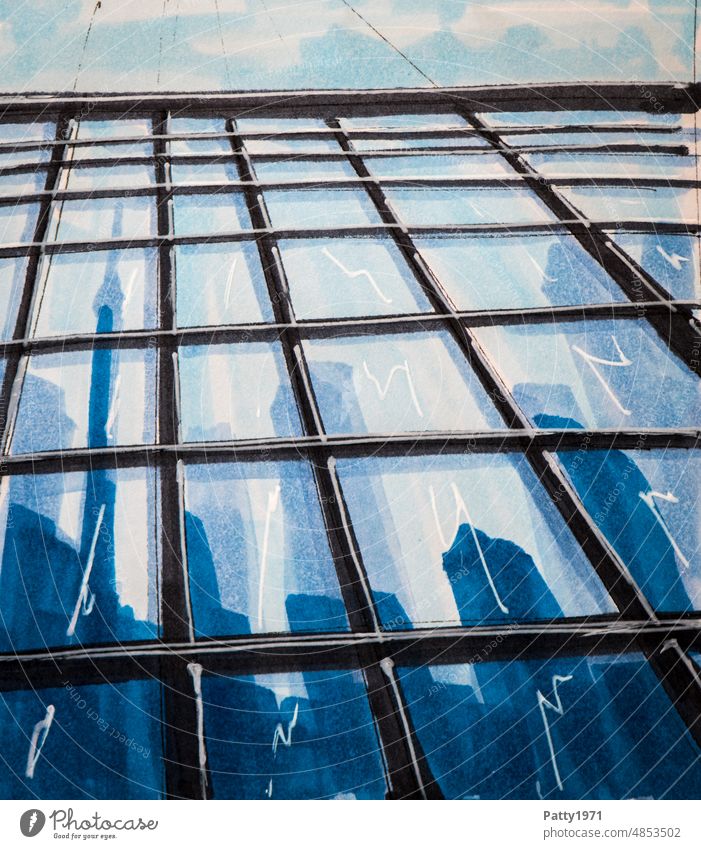 Abstrakte Architektur Skizze. Reflektierende Glasfassade eines Bürogebäudes aus der Froschperspektive. Illustration modern Reflexion & Spiegelung Gebäude