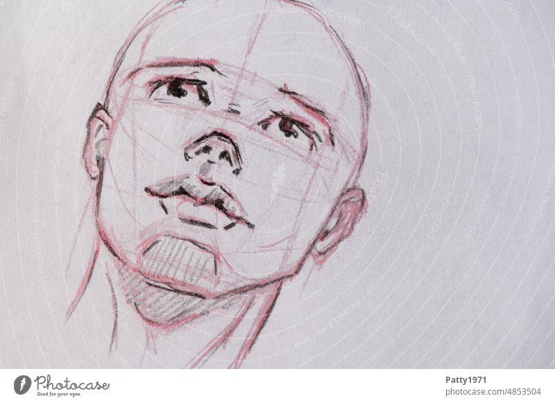 Porträtskizze einer jungen Person Skizze Gesicht Zeichnung Grafik u. Illustration handgezeichnet Glatze Blick nach oben Mensch haarlos melancholisch Sehnsucht