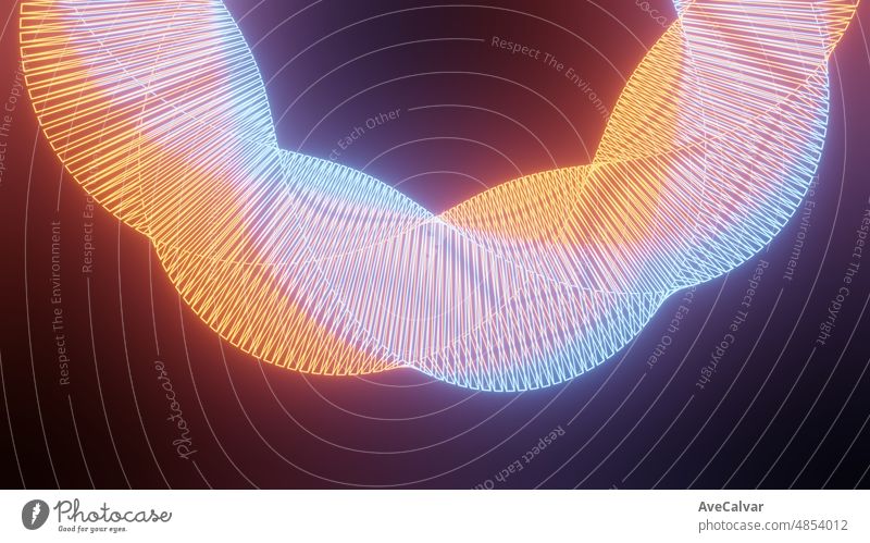 Orange und blau prozedurale geometrische leuchtende Neonform abstrakte Technologie Hintergrund. 3d Rendering. Neon Kurven in Form von geometrischen Formen.Ultra Wide Abstract Bunte 3D Hintergrund