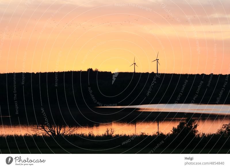 Abendstimmung am See, in der Ferne zwei Windräder Sonnenuntergang Niedermooser See Hessen Vogelsberg Windrad Wasser Licht Schatten Sonnenlicht Himmel Natur