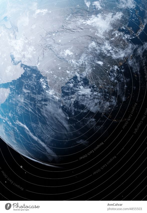 Erde Planet aus dem Weltraum betrachtet zeigt Indien China, 3d Render des Planeten Erde mit detaillierten Relief und Atmosphäre, Elemente dieses Bildes von der NASA zur Verfügung gestellt.Globale Übersicht.Cinematic Gefühl mit glow.
