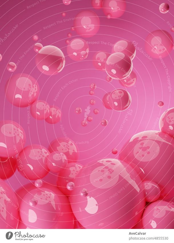 Vivid rosa abstrakten Hintergrund von 3d Sphären. Moderne Kunststoff Pastell Blasen, 3d Rendering Design der abstrakten Kugeln. Abstrakte Mock up Szene Pastell Farbe