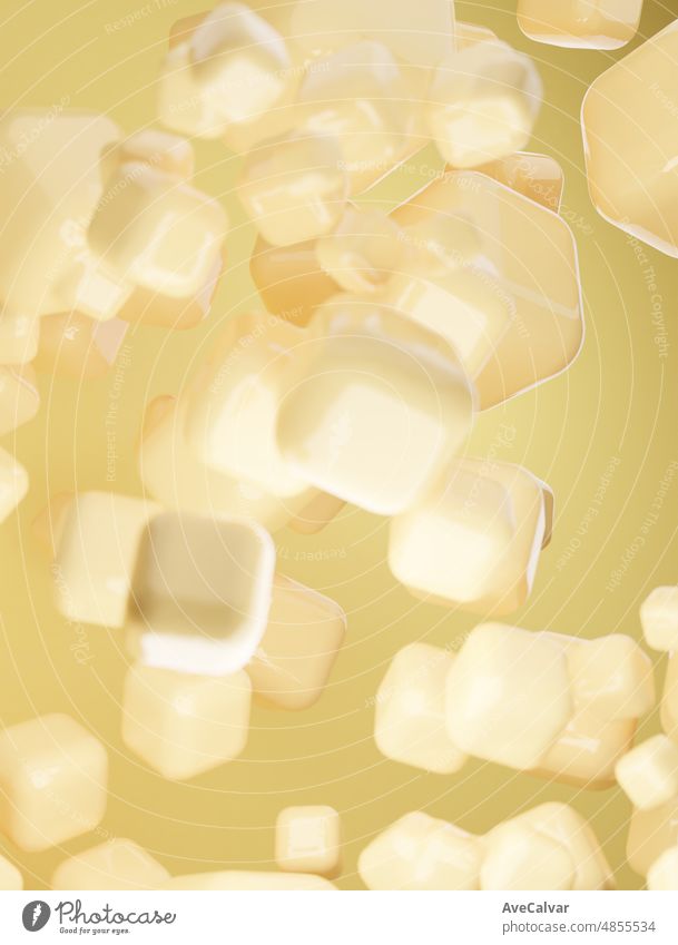Gelb Abstrakter Hintergrund von 3d schwebenden Netz. Moderne Kunststoff Pastell Würfel, 3d Rendering Design der abstrakten kubischen Muster. Abstrakte Mock up Szene Pastell Farbe