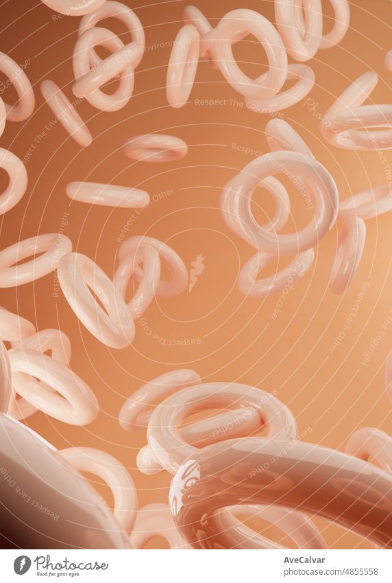 Beige Abstrakten Hintergrund von 3d schwimmenden Donuts. Moderne Kunststoff Pastell runde Figuren, 3d Rendering Design der abstrakten Donut-Muster. Abstrakte Mock up Szene Pastell Farbe
