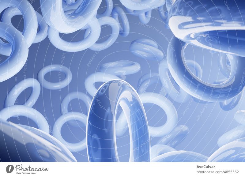 Blue Abstract Hintergrund von 3d schwimmenden Donuts. Moderne Kunststoff Pastell runde Figuren, 3d Rendering Design der abstrakten Donut-Muster. Abstrakte Mock up Szene Pastell Farbe