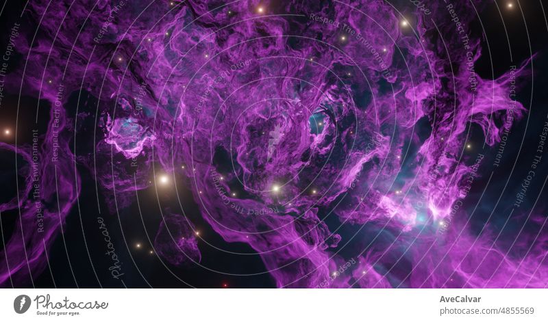 Weltraum-Hintergrundtapete mit Nebel und Sternen, kosmischem Staub, kosmischen Gasclustern und Sternbildern im tiefen Weltraum. Farbige Flüssigkeit Pulver. 3D-Illustration. Kopieren Sie Raum Zukunft und künstlerisches Konzept
