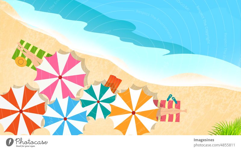 Menschen am Strand oder am Meer entspannen. Sonnenbaden unter dem Sonnenschirm am tropischen Sommerstrand. Flache Cartoon-Illustration. Urlaubs- und Reisekonzept.