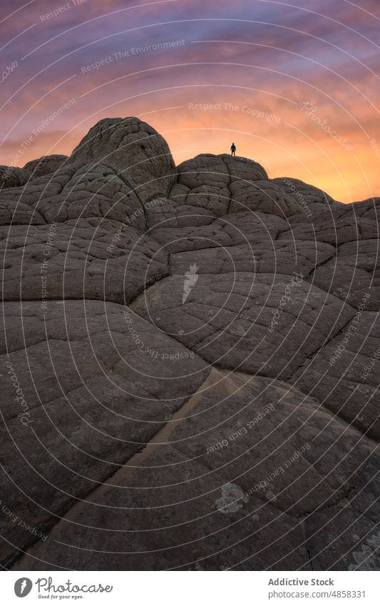Anonymer Reisender, der bei Sonnenuntergang auf einem Stein auf einem Berg steht Zinnoberrot Schlucht Klippen Landschaft reisen Arizona wüst Dämmerung USA
