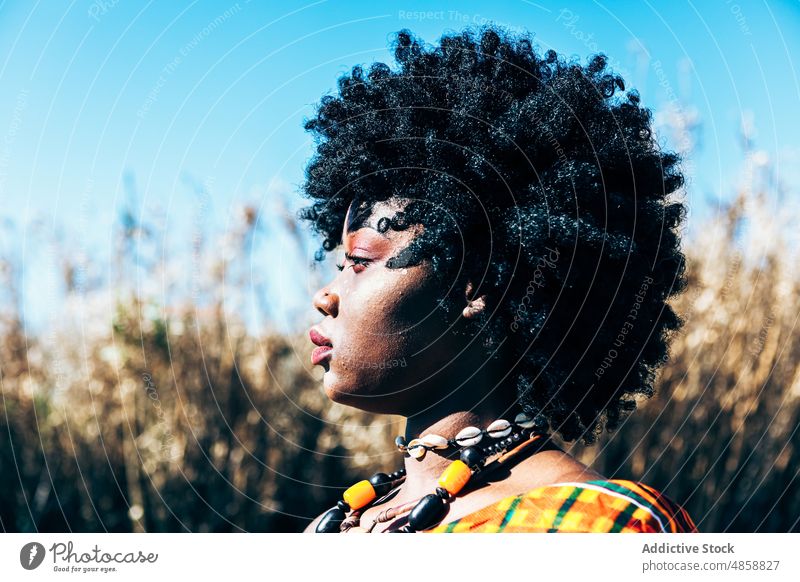 Schwarze Frau in traditioneller afrikanischer Tracht Tradition Kleidung ernst Model handgewebt kente Feld Sommer farbenfroh lebhaft Natur hell schwarz ethnisch
