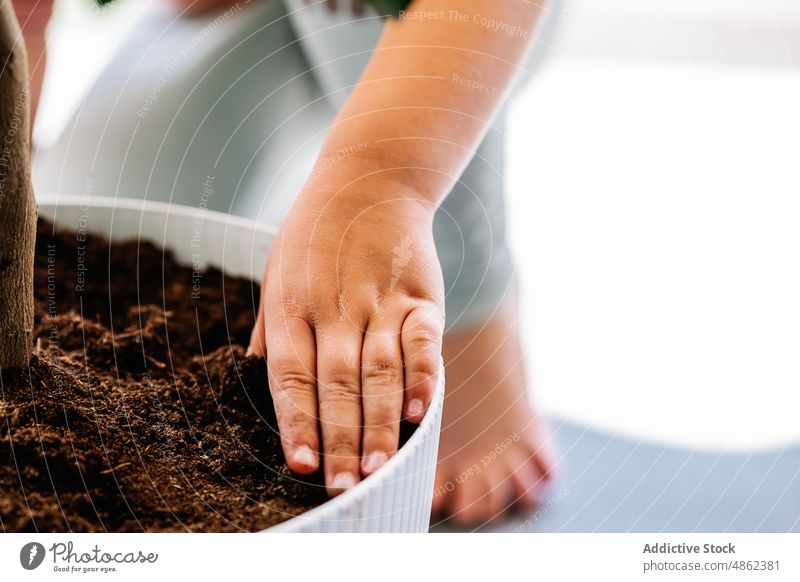 Mädchen gießt Erde in Blumentopf Kind Transplantation Boden Pflanze Gärtner eingießen kultivieren Pflege wachsen eingetopft Neuanlage Raum Flora botanisch