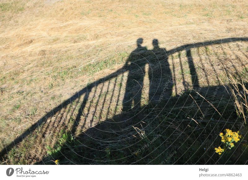 Schattendasein - Schatten von zwei Personen, die an einem Geländer stehen Mann Frau Wiese Blume Blüte Sonnenlicht Sonnenschein Licht Außenaufnahme Farbfoto