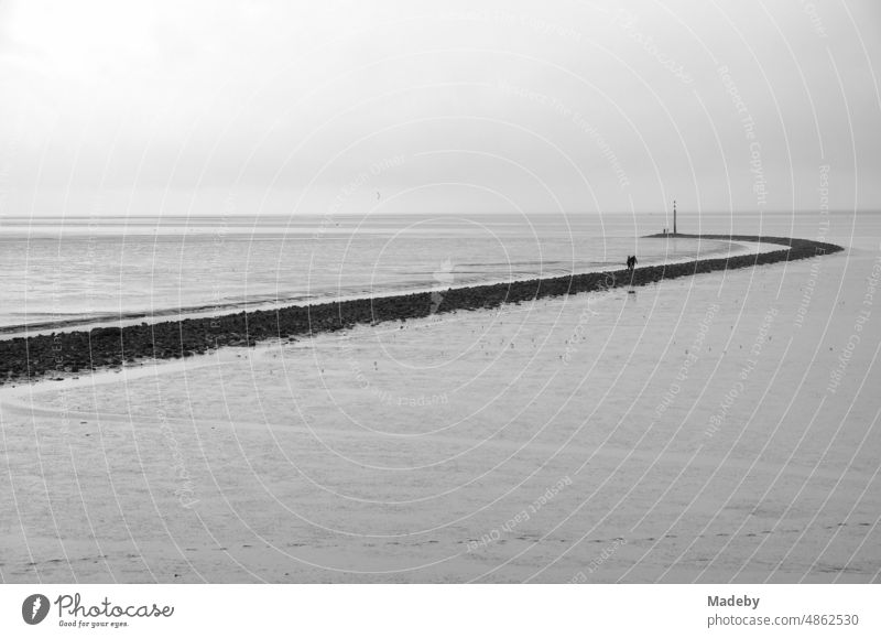 Das Weltkulturerbe Wattenmeer mit Küstenschutz an der Küste der Nordsee am Hafen von Norden bei Norddeich in Ostfriesland in Niedersachsen, fotografiert in klassischem Schwarzweiß