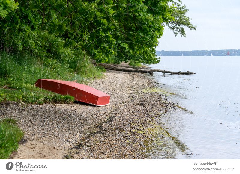 Rotes Ruderboot am einsamen Naturstrand Erholung ruhige Umgebung nicht einsehbar versteckt Auf dem Trockenem Naherholungsgebiet Verborgen Baum Umwelt Nätürlich