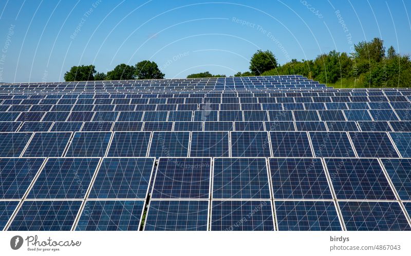 PV-Freiflächenanlage , Photovoltaik- Freiflächenanlage vor wolkenlosem Himmel, PV-Module PV-Anlage grüner strom nachhaltig Photovoltaikanlage Solarenergie