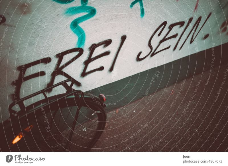 Ist das Kunst oder kann das weg? | "Frei sein" an eine Wand gesprayt frei Freiheit frei sein Schmiererei angemalt Graffiti Mauer Wandmalereien Kreativität