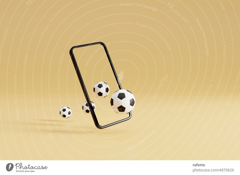 Smartphone mit Fußball Fußball. Online-Spiel oder Video-Stream. 3D-Rendering Anwendung Wette Wetten Meister Meisterschaft Konkurrenz Cyberspace Anzeige