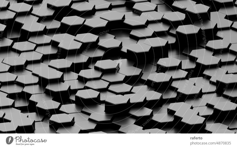 Dunkle Sechseck-Tapete oder Hintergrund. 3d render futuristisch graphisch grau dreidimensional abstrakt Grafik u. Illustration modern Technik & Technologie