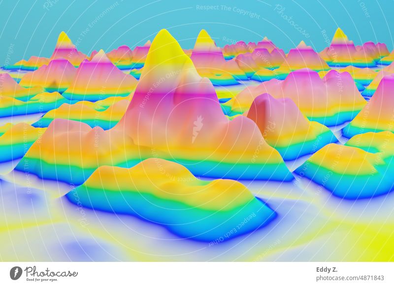 Farbige topografische Karte. 3D Rendering eines surrealen Gebirge. Traumhaftes fröhliches Farbenspiel. Menschenleer Farbfoto 3D-Rendering 3D-Darstellung