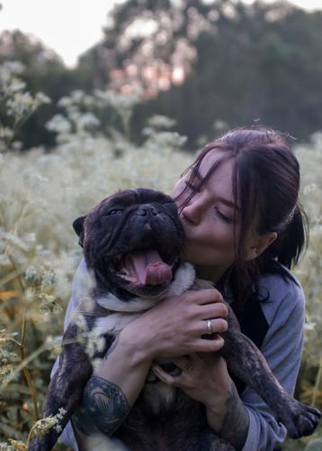 beste Freunde auf einer Wiese, Hund gähnt französische Bulldogge gähnend Hund und seine Besitzerin Selbstportrait dunkler Pelz Natur dunkel nach Sonnenuntergang
