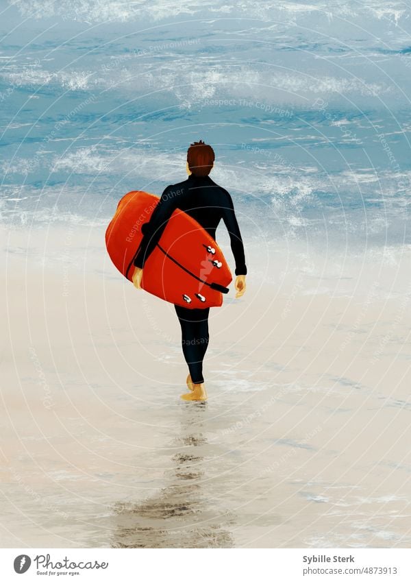 Surfer Meer Wellen Strand Surfen Surfbrett Wasser Sport Surf-Wellen Athlet MEER Küste Neoprenanzug Hintergrund Lifestyle Mann Extremsport Wassersport sportlich