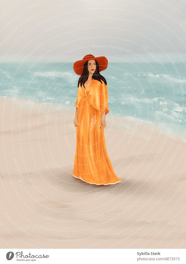 Frau in einem gelben Kleid und rotem Sonnenhut am Strand elegant langes Kleid Roter Hut Wellen Sand sonniger Tag Urlaub reisen nostalgisch