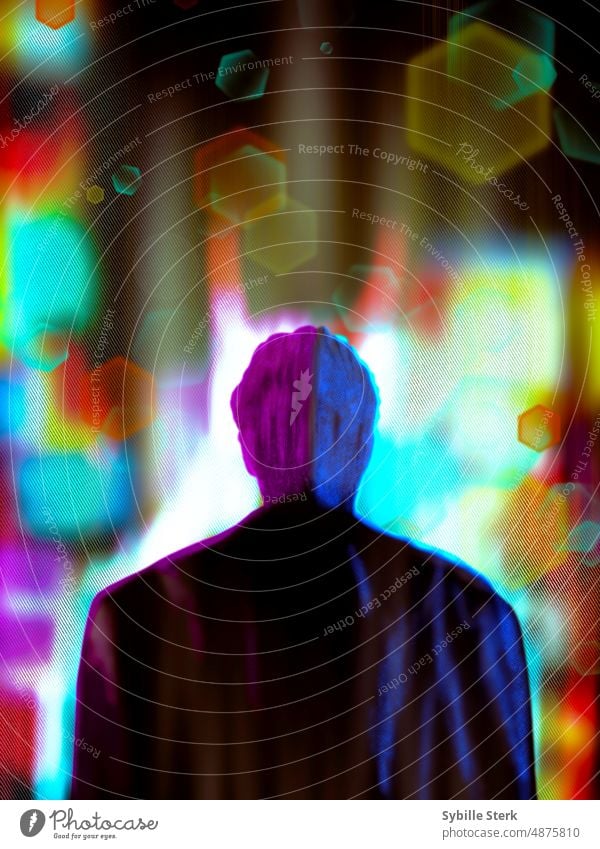 Mann mit Vegas-Lichtern Rücken eines Mannes Bokeh Grafik u. Illustration Großstadt Nacht Nachtleben verschwommen farbenfroh hell defokussiert Straße Unschärfe