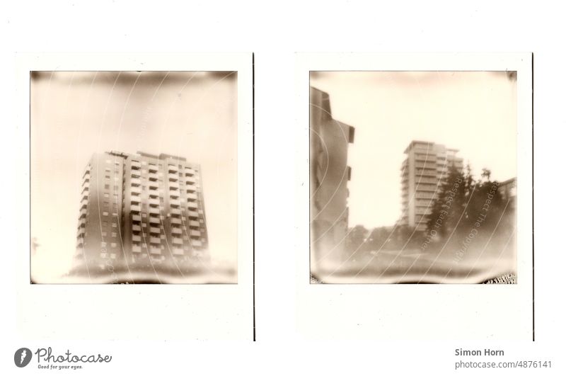 Polaroid Wohnblock retro vergilbt verblassen Hochhaus Gebäude Architektur Vergangenheit schemenhaft Erinnerung Nostalgie analog Fotoalbum Vergänglichkeit