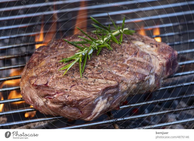 Rohes Steak mit Rosmarin auf dem Grill Rauch Fett roh Rost Fleisch Grillen BBQ Essen Kochen gegrillt Feuer Flamme Hintergrund Nahaufnahme Braten Sommer
