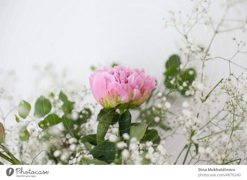 Rosa Pfingstrose und weiße und grüne Blumen im Blumenstrauß Nahaufnahme auf weißem Hintergrund. Floraler Hintergrund der Floristik. schön romantisch geblümt