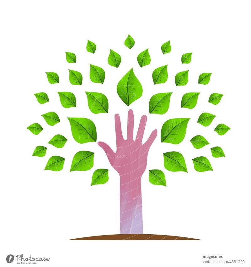 Baum, Grüne Blätter und Hand Illustration Logo Vorlage. Hand mit grünem Blatt kombiniert, bedeutet gesundes Leben, Konzept für Gesundheitsunternehmen, grüne Aktivisten, Wohltätigkeitsorganisationen, Aktivitäten der sozialen Gemeinschaft, Umwelt