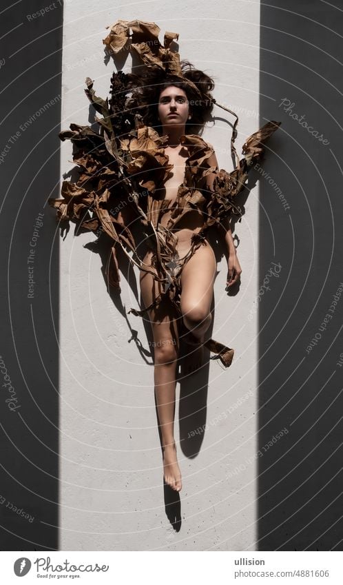 junge sexy Frau liegt zwischen zwei schwarzen Schattenstreifen mit dunkelbraunem Haar kunstvoll bedeckt mit trockenen dekorativen Bananenbaumblättern auf dem Boden in der Sonne und wirft einen starken Schatten