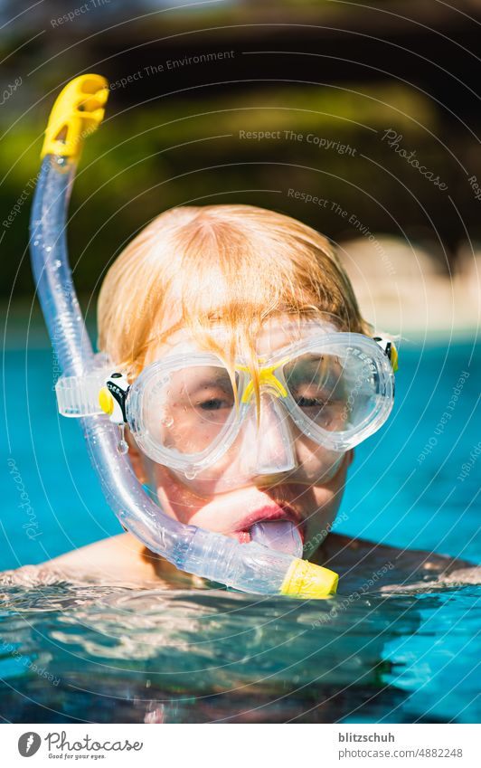 Kurzer Check oberhalb des Wassers beim Schnorcheln im Pool Spielen Sommerurlaub Freizeit & Hobby Erfrischung Sport Wassersport Schwimmen & Baden Schwimmbad nass