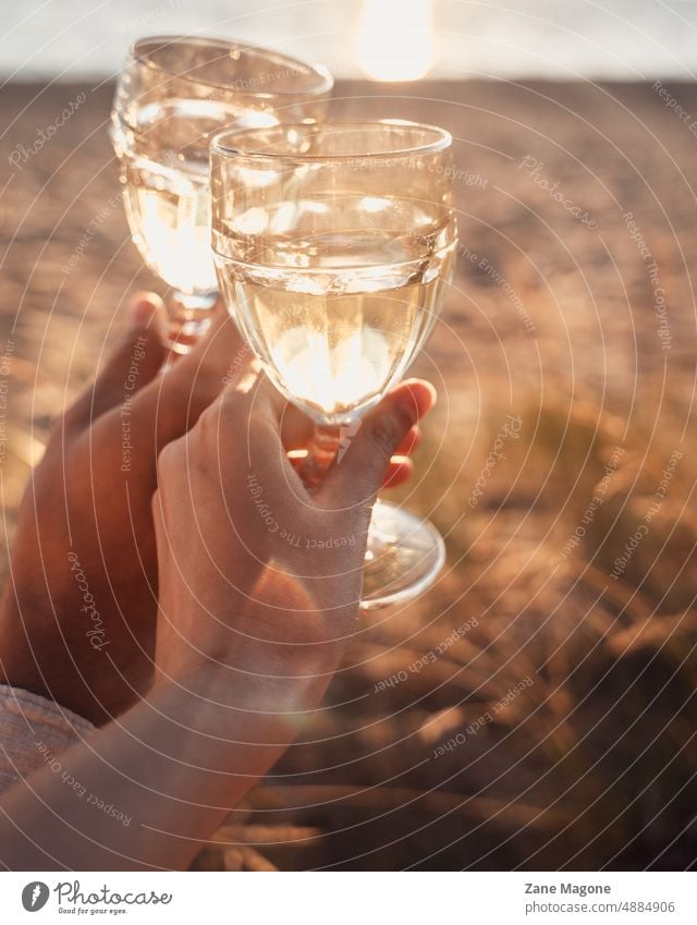 Pärchen mit Gläsern in der Hand, goldene Stunden Paar romantisch Picknick Getränke Wein Brille Weinglas Champagne Alkohol romantische Verabredung