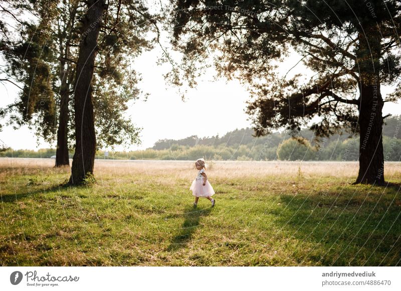 Porträt eines kleinen schönen Mädchens in der Natur am Sommertag Urlaub. Kind im Kleid spielt im grünen Park bei Sonnenuntergang Zeit. Das Konzept der Familienurlaub und Zeit zusammen