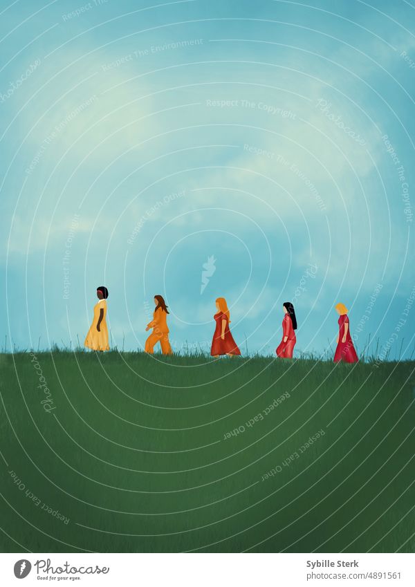 Der Weg der Frauen laufen multiethnisch Gras Wiese Hügel Blauer Himmel fünf bunt Afrikanisch Vielfalt heiter Kaukasier Zusammensein rassenübergreifend Menschen