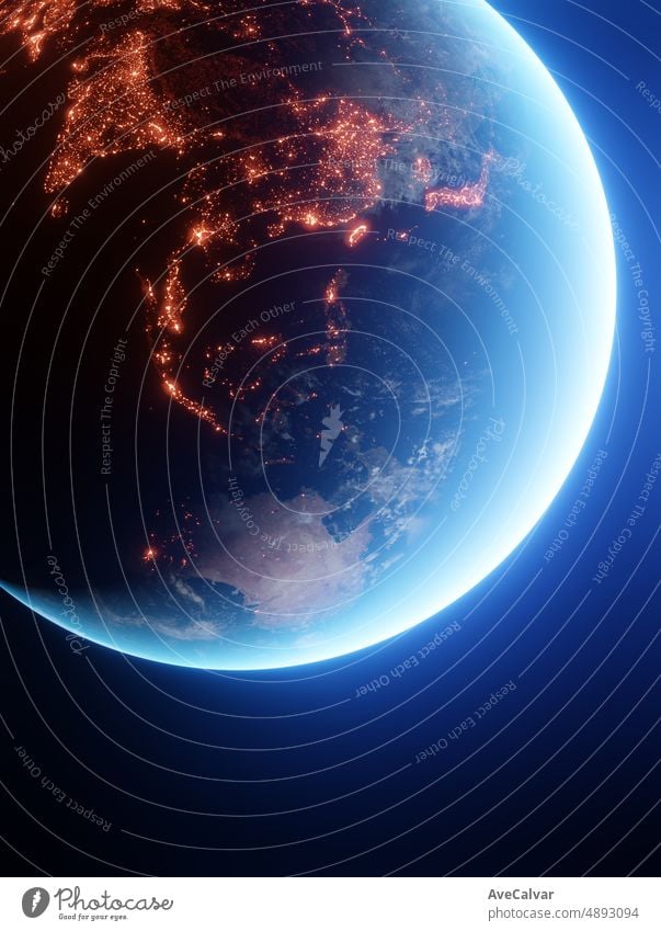 realistische Erde Planet aus dem Weltraum in der Nacht zeigt die Lichter von Indien und asiatischen Ländern, cinematic 3d render des Planeten Erde. Asien
