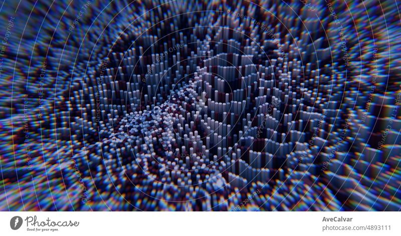 3D-Render von bunten Mikro Sechsecke in einem zufälligen Muster Gitter. Big Data oder künstliche Intelligenz Computing-Konzept, futuristischen technologischen Hintergrund, schwimmende Schaltungen, Diagramme, Ziffern Elemente.