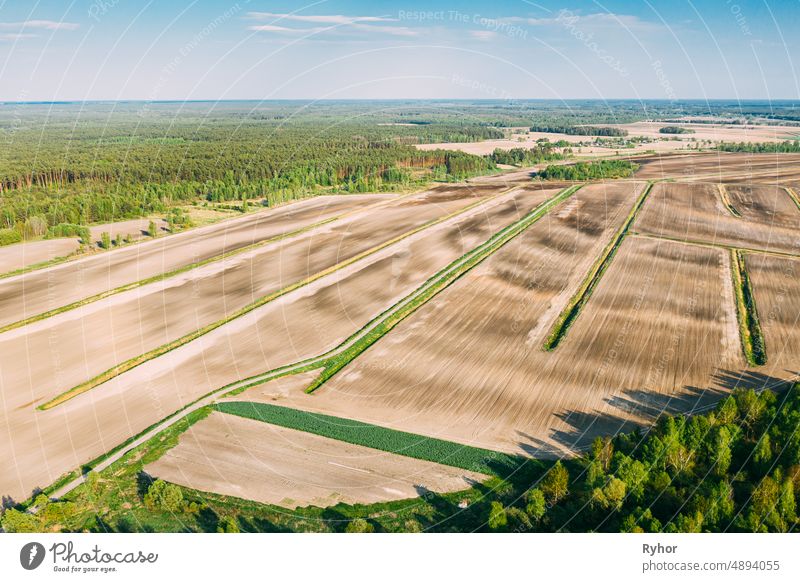 Aerial View Spring Empty Field With Windbreaks Landscape. Top View of Feld und Wald Gürtel. Drone View Vogelperspektive. Ein Windschutz oder Schutzgürtel ist eine Bepflanzung in der Regel zum Schutz des Bodens vor Erosion.