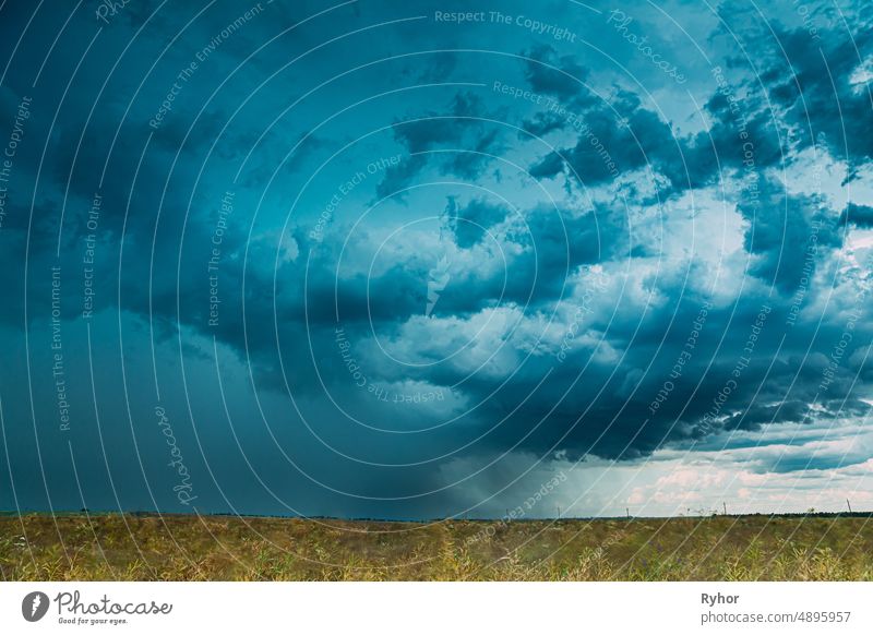 Dramatische Rainy Sky With Rain Clouds On Horizon Above Rural Landscape Field. Landwirtschaft und Wettervorhersage Konzept. Weißer Senf Feld. Ackerbau schön