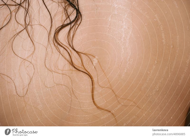 Nahaufnahme eines weiblichen Rückens mit nassen Haarsträhnen Behaarung Hygiene Frau Körper Haut Pflege Schönheit jung Behandlung Bad Waschen gesichtslos Wasser