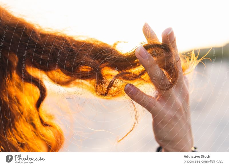 Abgeschnittene Hand einer Frau mit lockigem Haar Behaarung Rotschopf Spielen Nahaufnahme Teil von Finger Sonnenlicht Lifestyle strubbelig Freizeit positiv