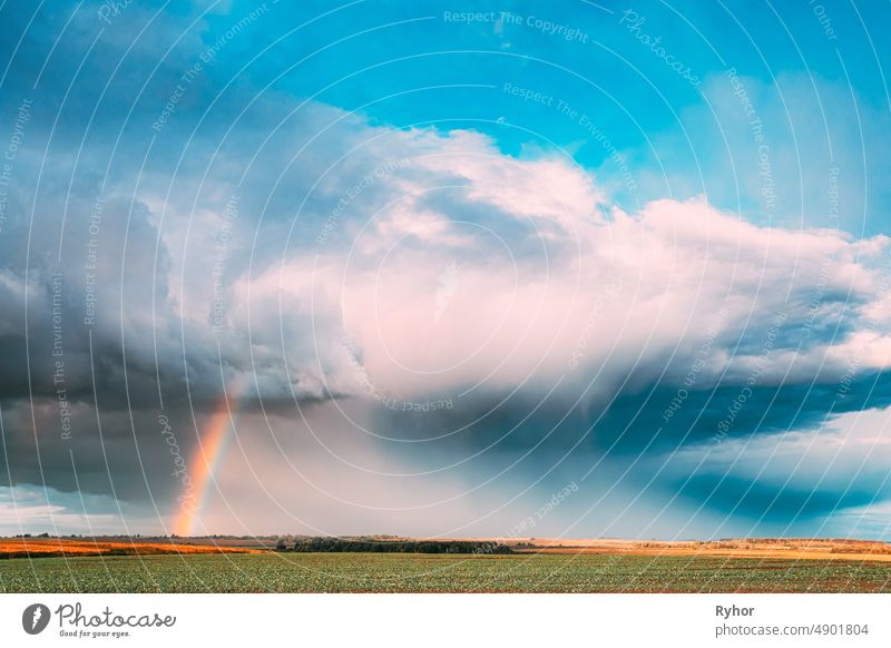 Dramatischer Himmel während des Regens mit Regenbogen am Horizont über ländlichem Landschaftsfeld. Landwirtschaft und Wettervorhersage Konzept. Ländliche Wiese im Herbst regnerischen Tag
