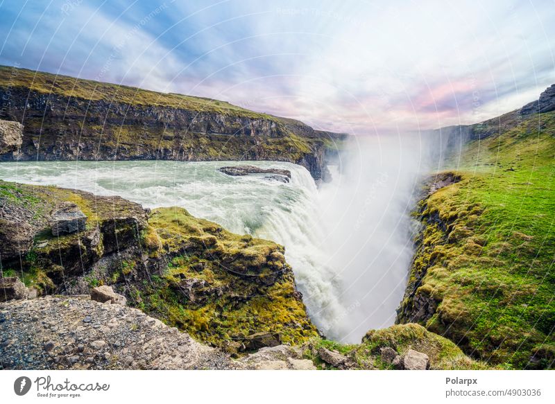 Der isländische Wasserfall Gullfoss Sonnenaufgang Tapete Stein atemberaubend natürlich beliebt Wunderland Ausflugsziel malerisch Wahrzeichen Insel Schlucht