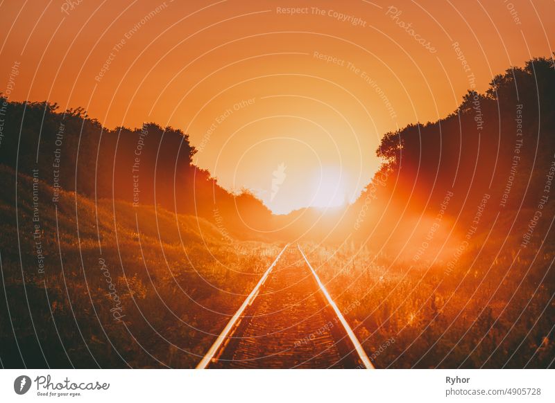 Eisenbahn in dramatischen Sonnenuntergang Gegenlicht. Scenic View of Railway Going Straight Away in Sunlight. Transport und Reisen Eisenbahn Konzept