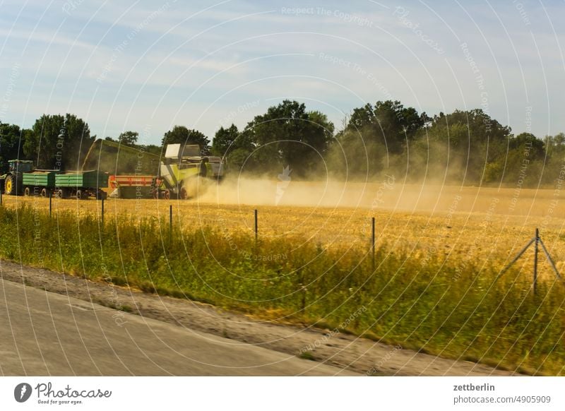 Ernte acker bauer bauernhof ernte feld getreide kornfeld landwirtschaft mahd mähen sommer traktor trecker staub mähdrescher anhänger ertrag subvention anbau