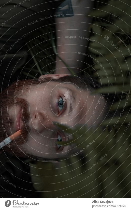 Mann im Wald II grüne Augen Hinlegen Farnblatt Porträt Nahaufnahme Nahaufnahme eines Gesichts Oberlippenbart Vollbart Blick in die Kamera Zigarette