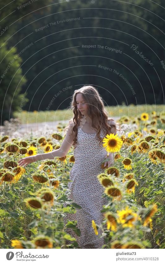 Der Sommer ist vorbei... | Junge langhaarige Frau im verblühten Sonnenblumenfeld Porträt Sommerende Sonnenlicht gelb Außenaufnahme Natur Feld natürlich