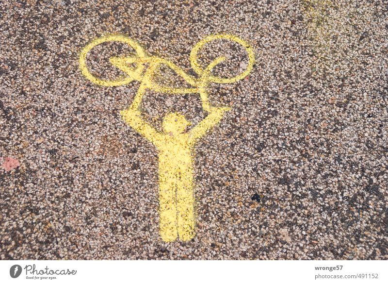 Radträger Fahrradfahren Zeichen Graffiti tragen Stadt Mensch Symbole & Metaphern Radtreff auffordern Farbstoff gelb Straßenbelag Wege & Pfade Farbfoto