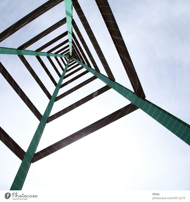 Spitzentechnik Turm Metall Himmel Froschperspektive Architektur Bauwerk Sehenswürdigkeit Konstruktion Stahl hoch spitz