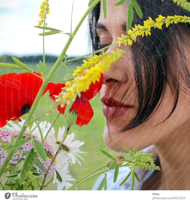 Frau mit Blumen blumen mohn frau weiblich feminin portrait langhaarig dunkelhaarig landschaft horizont himmel Wiesenblumen geschlossene Augen Profil hingabe